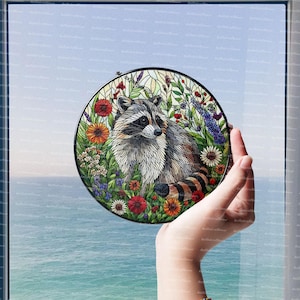 Raccoon among wildflowers Suncatcher, Raccoon Glass, Trash animal gift, Funny Raccoon, Trash Panda suncatcher, Wildflower lover Suncatcher