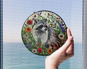 Raccoon among wildflowers Suncatcher, Raccoon Glass, Trash animal gift, Funny Raccoon, Trash Panda suncatcher, Wildflower lover Suncatcher