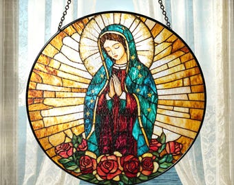 Mexican Virgen de Guadalupe Religious Glass Suncatcher Hanging, Jesus Christ, Mexican Mom Window Hanging, Latin Culture Mom, Latin Mom Gift