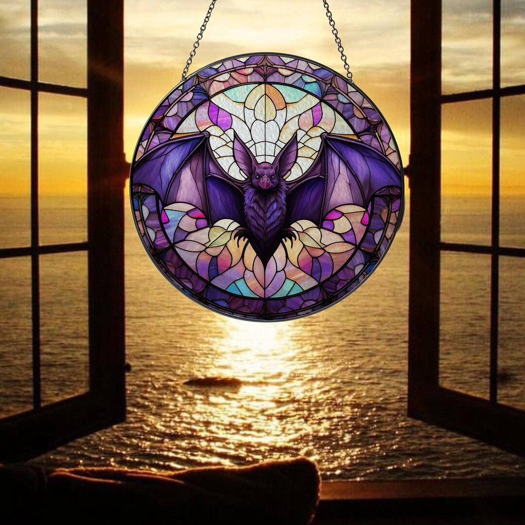Black Purple Bat Stained Glass Suncatcher Window Hangings, Halloween ...