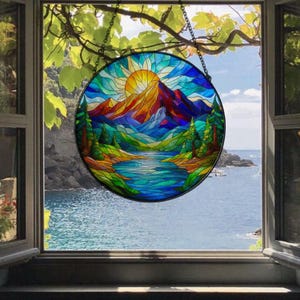 Mountain Range Glass Suncatcher, Nature Glass Art Window Decor Gift, Mountain Scene Glass Wall Art Home Decor, Sunset Outdoor Decoration