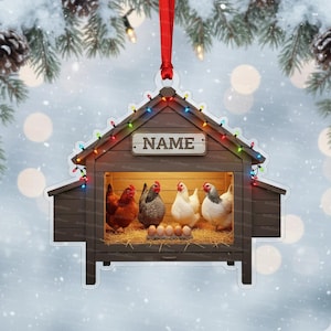 Adorno navideño plano 2D personalizado de gallinero, decoración colgante de gallina, árbol de Navidad de granja con gallinas, regalo para amantes de las gallinas