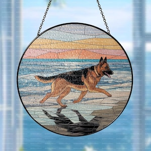 German shepherd run along a beach GLASS Suncatcher, German Shepherd suncatcher window decor, dog mom gift suncatcher hanging, Dog Lover Gift