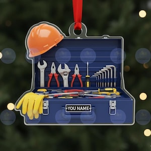 Gepersonaliseerde gereedschapskistornament, 2D plat aangepaste bouwvakker kerstornament, klusjesman cadeau, monteur vakantie decor cadeau voor papa