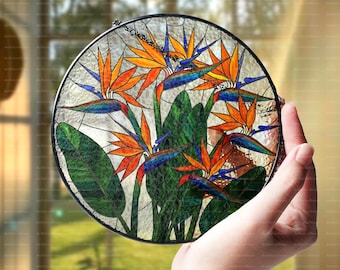 Atrapasol de vidrio con forma de ave del paraíso, atrapasol floral para ventana, arte floral tropical para el hogar y el jardín, decoración tropical de verano para el hogar.