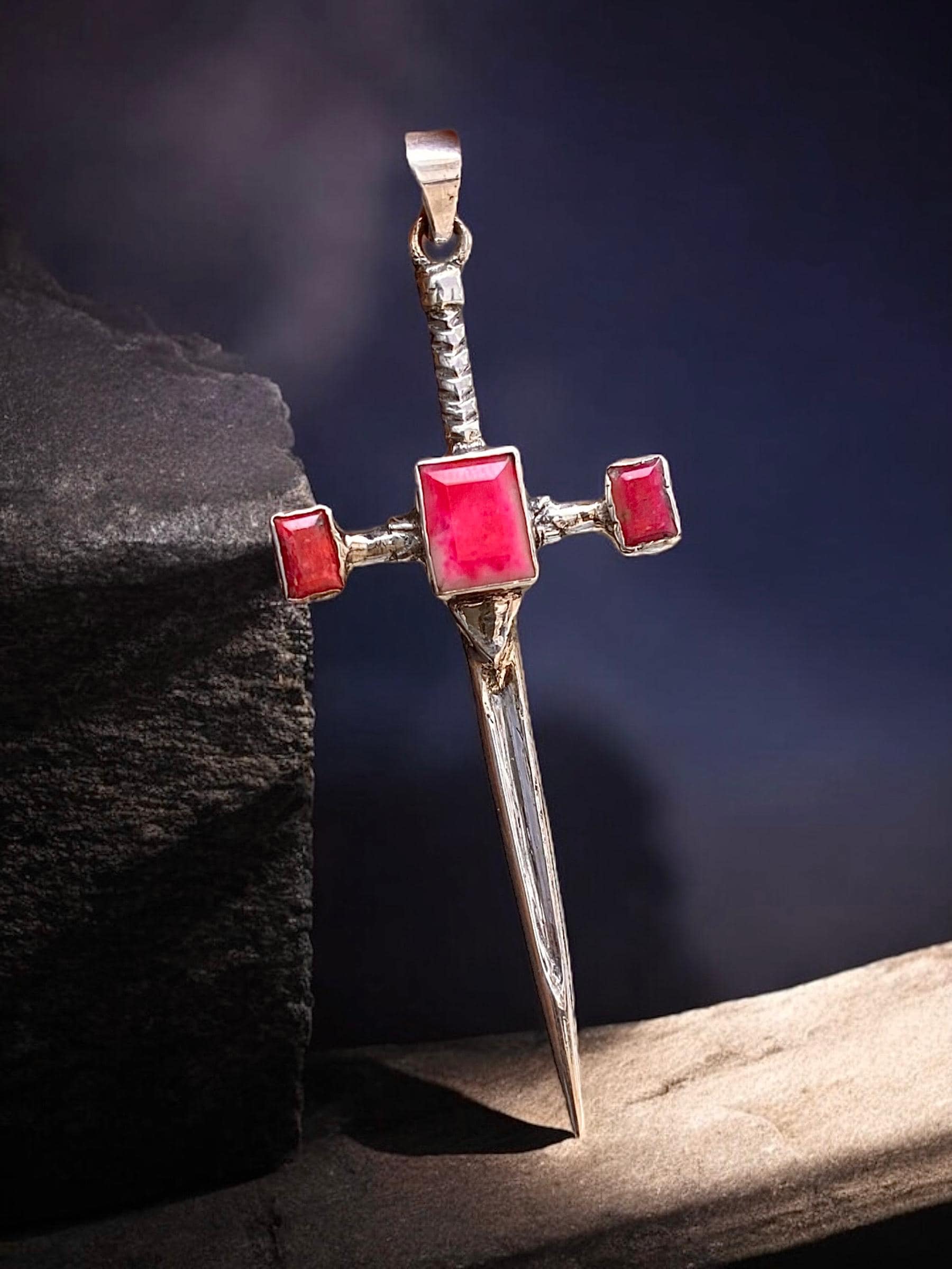 Spiritual Sword Glow  Pendant with Rare Tugtupite – Handmade 925 Silver Cross UV Reaction Necklace from Greenland