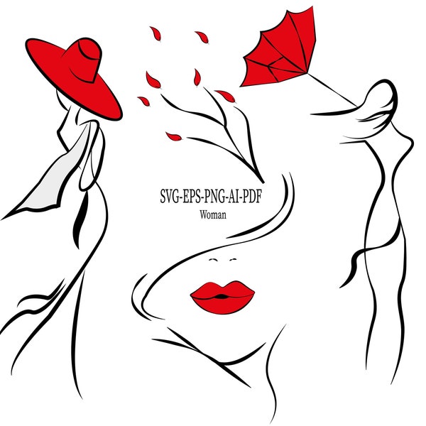 Beautiful Woman Svg, Girl in a Red Hat Illustration,  Line Drawing Wall Art, Lips Svg,  Red Umbrella Svg, Valentines Day Svg Png, Cut Files