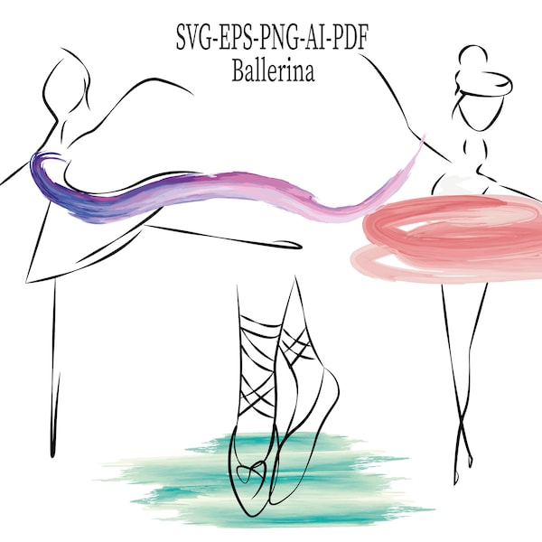 Line Drawing Ballerina Svg Dxf, Watercolor PNG, Dancing Girl Illustration, Beautiful Ballet Shoes Clipart, Gifts for Dancers / Digital Print