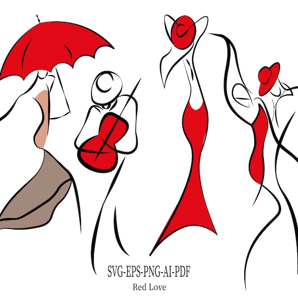 Romantic Line Couple Svg, Man And Woman Drawing,  Dance Svg , Lovers Svg, Red Dress Png, Valentines Day Svg, Guitar Svg Clipart, Cut Files