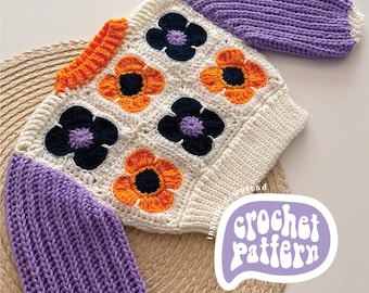 CROCHET PATTERN ⋅ Baby & Kids Floral Granny Square Sweater ⋅ Newborn - 8 years old ⋅ Advanced Level ⋅ Spring Granny Square Sweater - Bright