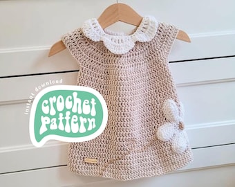 CROCHET PATTERN ⋅ Baby & Kids Dress⋅ Newborn - 8 years old ⋅ Intermediate Level ⋅ Round Yoke Floral Dress ⋅ Collar Crochet ⋅ Groovy Pattern