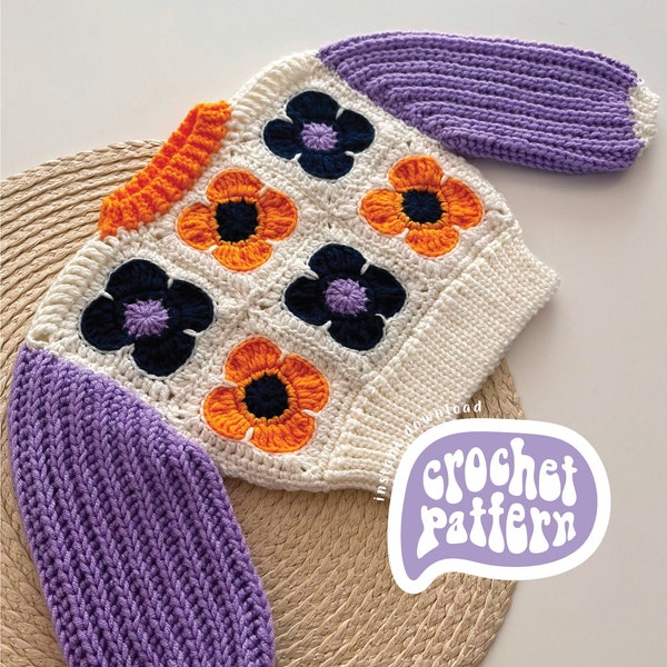 CROCHET PATTERN ⋅ Baby & Kids Floral Granny Square Sweater ⋅ Newborn - 8 years old ⋅ Advanced Level ⋅ Spring Granny Square Sweater - Bright