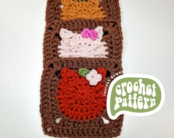 Crochet Cat Square Pattern: 3D Whiskers, Flower, Sprout, Bow (PDF Download)