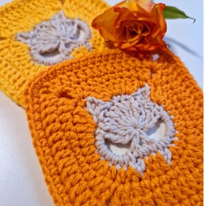 May include: Two crocheted squares, one yellow and one orange, each featuring a light gray owl design. A vibrant orange and yellow rose rests on the squares, adding a touch of natural beauty to the handmade crafts.