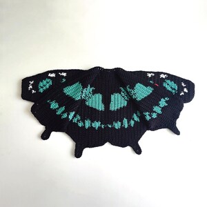 Tapestry crochet butterfly cardigan pattern, teal malachite motif on black yarn, children batwing cardigan crochet PDF