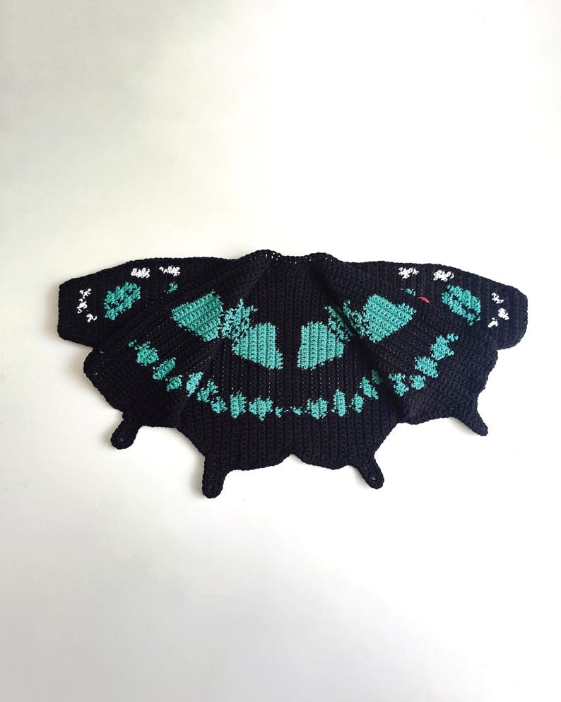 Tapestry crochet butterfly cardigan pattern, teal malachite motif on black yarn, children batwing cardigan crochet PDF