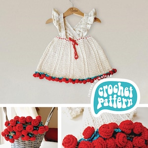 Op de afbeelding: Een haakpatroon voor een witte jurk met rode en groene bies en pompoentjes. De jurk heeft een V-hals en is versierd met gehaakte bloemen. Het patroon is direct te downloaden.