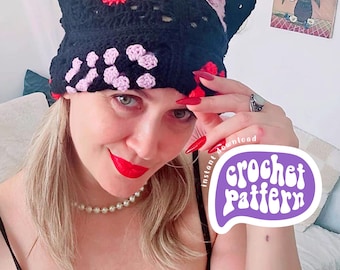 Crochet Pattern: Cat Ears, Devil Skull, Granny Square Hat (PDF Download)