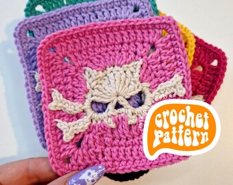 Cat Skull Granny Square Crochet Pattern: Halloween Applique (PDF Download)