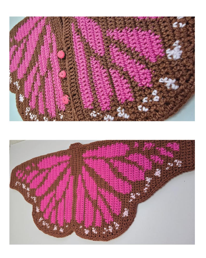 May include: A crochet shawl shaped like butterfly wings in brown, bright pink, and white. The garment features a scalloped edge, a central wing pattern, and three round pink buttons along the front edge to secure the piece when worn.