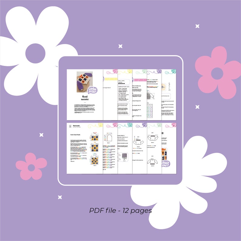 May include: A digital PDF pattern for a crochet sweater with a colorful geometric design. The pattern is titled "Flood Sweater" and is from the "Crochet Pixel" brand. The PDF file is 12 pages long.