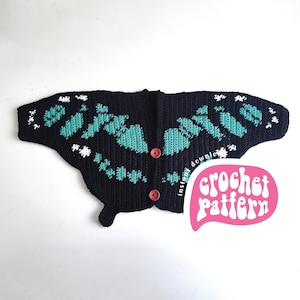 Malachite Butterfly Cardigan crochet pattern PDF, black cardigan with teal tapestry butterfly motif, sizes 0-14 years