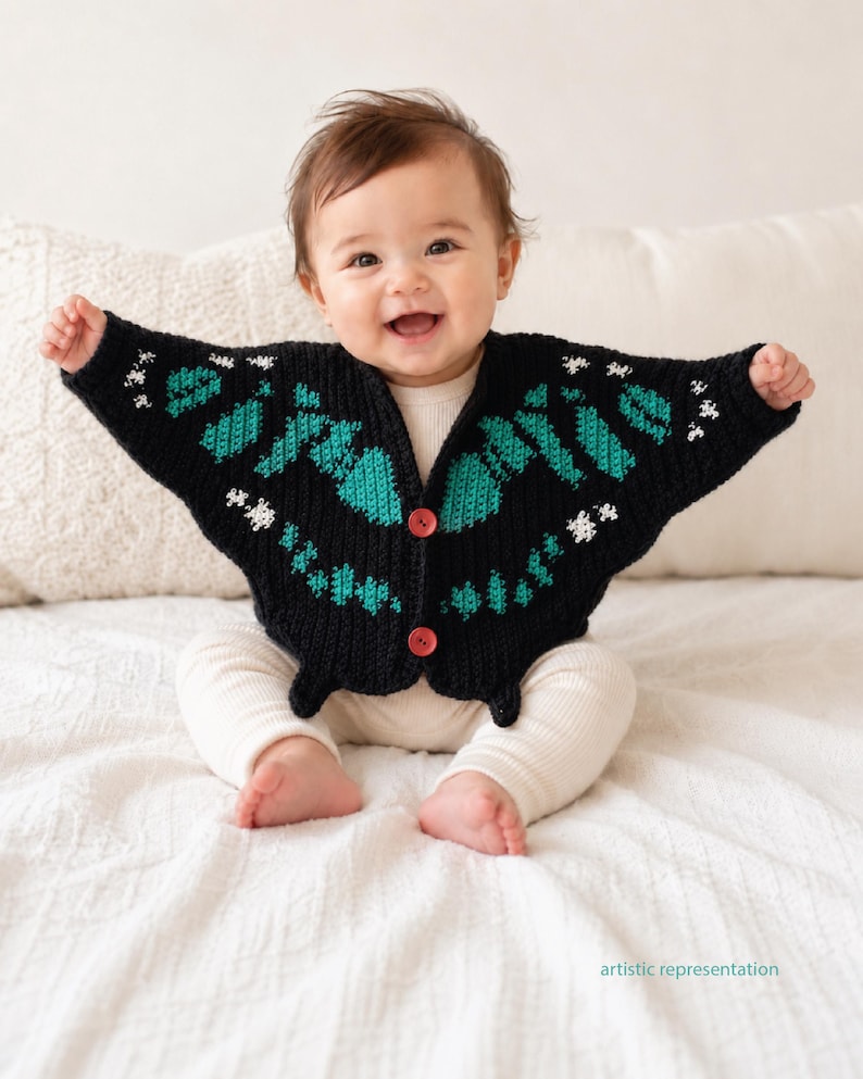 May include: A smiling baby wearing a black knitted cardigan with a butterfly design. The cardigan features teal and white accents and red buttons. The baby is also wearing white pants.