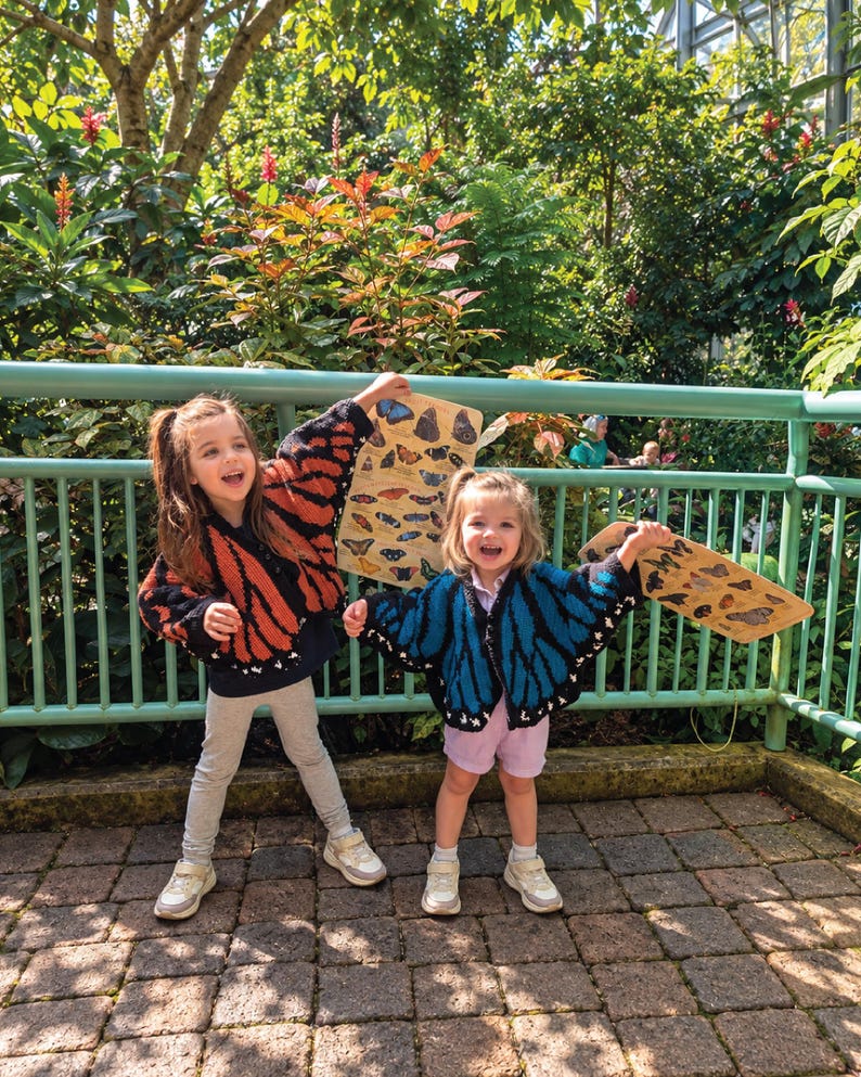 May include: Two knitted cardigans featuring butterfly wing patterns. One cardigan is orange and black, while the other is blue and black. Both garments have long sleeves, a button-front closure, and white detailing along the bottom hem.