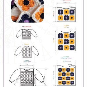 May include: A crochet pattern for a sweater with a flower design. The pattern includes instructions for sizes 0-6 months, 6-12 months, 1-2 years, 3-4 years, 5-6 years, and 7-8 years. The pattern includes measurements for chest, neck width, hip to underarm, and length.