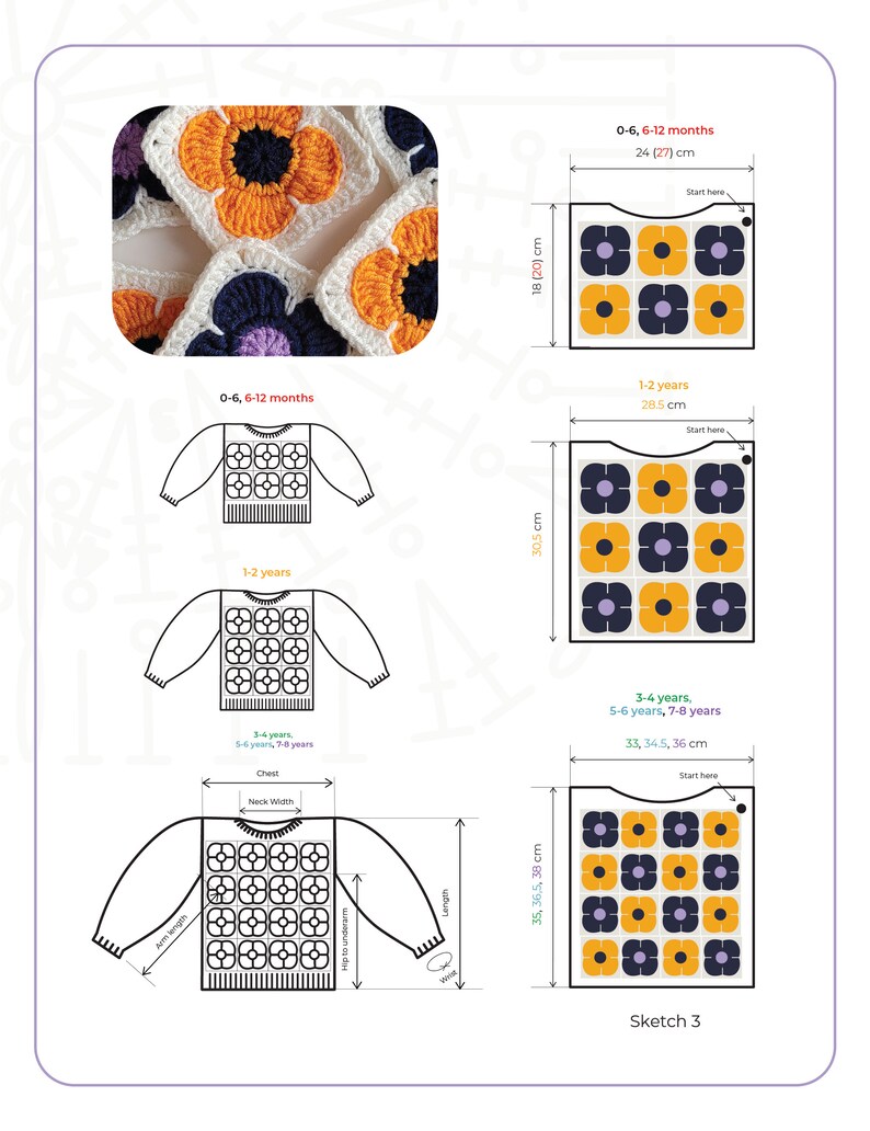 May include: A crochet pattern for a sweater with a flower design. The pattern includes instructions for sizes 0-6 months, 6-12 months, 1-2 years, 3-4 years, 5-6 years, and 7-8 years. The pattern includes measurements for chest, neck width, hip to underarm, and length.