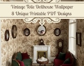 Vintage Toile Dollhouse Wallpaper PDF: floral, woodland, gazebo prints, neutral & pastel tones, for miniatures