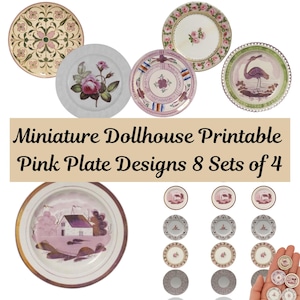 Printable Miniature Dollhouse Plates: Pink Floral & Vintage Designs, 8 Sets of 4