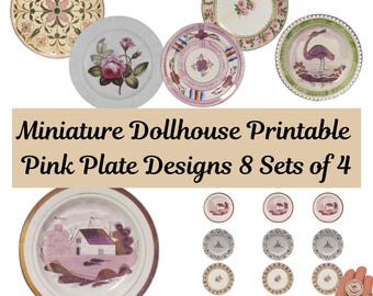 Platos imprimibles para casa de muñecas en miniatura: diseños florales rosas y vintage, 8 juegos de 4