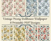 Dollhouse Wallpaper, 1:12 Scale, Vintage Peony Pattern, Printable Digital PDF x8, A4 Sheets, Seamless Tiled Minimalist Download