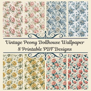 Dollhouse Wallpaper, 1:12 Scale, Vintage Peony Pattern, Printable Digital PDF x8, A4 Sheets, Seamless Tiled Minimalist Download
