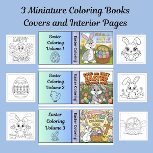 以下が含まれることがあります： イースターをテーマにしたミニチュア塗り絵3冊セット。表紙にはウサギ、卵、そして「ハッピーイースター」、「大胆で簡単なイースター塗り絵」、「イースター塗り絵」の文字が書かれています。内側のページには、ウサギ、卵、その他のイースターシンボルの白黒イラストが描かれています。