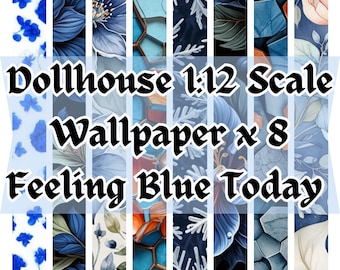 Dollhouse 1:12 Scale Wallpaper – Blue Floral & Geometric Prints (Digital Download)