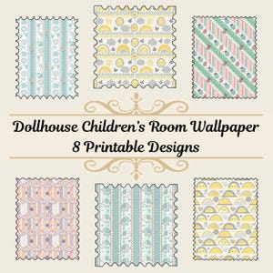 Carta da parati per bambini Dollhouse PDF stampabile, pois e strisce pastello, decorazione da parete in miniatura, scala 1:12, download digitale, casa delle bambole fai da te