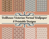 Formal Victorian Dollhouse Wallpaper PDF, Wide Stripes with Damask, Printable Miniature Wallpaper, 1:12 Scale, Dollhouse Decor