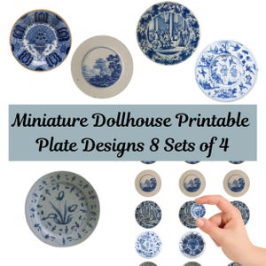 Miniature Dollhouse Plate Printables: Vintage Blue China Set, 8 Sheets of 4 Designs, PDF Download