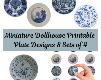 Miniature Dollhouse Plate Printables: Vintage Blue China Set, 8 Sheets of 4 Designs, PDF Download