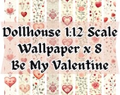 Dollhouse Bedroom Wallpaper Set of 8, Romantic Floral Wallpaper, Printable Miniature Wallpaper 1:12 Scale, Pink and Red Hearts Digital Art