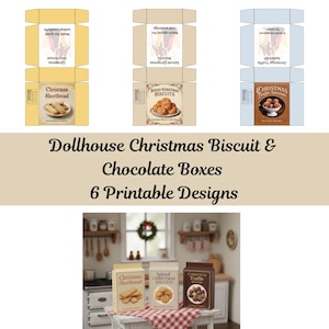 May include: Printable dollhouse Christmas biscuit and chocolate boxes. The image shows six designs, including Christmas Shortbread, Spiced Christmas Biscuits, and Christmas Truffle Selection. The boxes are in various colors, with detailed illustrations.