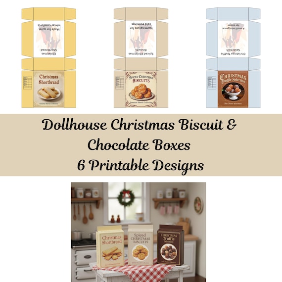 Dollhouse Christmas Biscuits and Chocolates Boxes 6 Printable Designs, Miniature Treat Boxes, 1:12 Scale