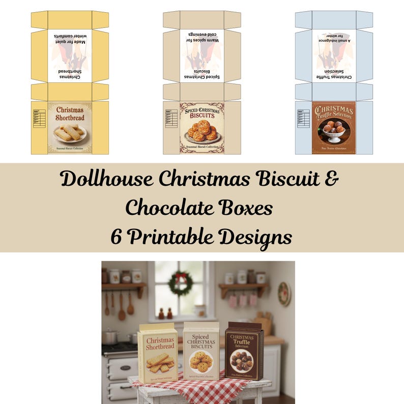 Może przedstawiać: Drukowane pudełka na świąteczne ciastka i czekoladki dla lalek. Obraz przedstawia sześć wzor&oacute;w, w tym Christmas Shortbread, Spiced Christmas Biscuits i Christmas Truffle Selection. Pudełka są w r&oacute;żnych kolorach.