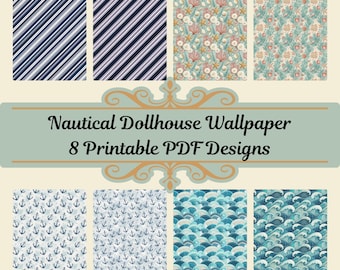 Nautical Dollhouse Wallpaper Printable PDF, Coastal Patterns, Stripes, Shells, Anchors, Waves, Miniature Decor