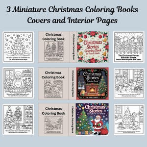 May include: Nine miniature Christmas coloring books with covers and interior pages. The covers feature festive designs with text like "Christmas Stories" and "Christmas Coloring Book." The interior pages show line drawings of Christmas scenes, including a decorated tree and Santa Claus.