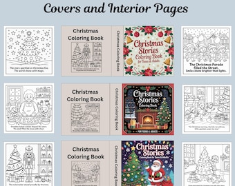 Op de afbeelding: Negen miniatuur kerstkleurboeken met covers en binnenpagina's. De covers hebben feestelijke ontwerpen met tekst als "Christmas Stories" en "Christmas Coloring Book". De binnenpagina's tonen lijntekeningen van kersttaferelen.