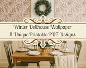 Winter Dollhouse Wallpaper, 8 Printable Seamless Designs for Miniature Christmas Decor, Festive Mistletoe, Winter Foliage, Red Berries