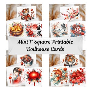 Juego de 18 tarjetas en miniatura para el Año Nuevo chino, imprimibles para casas de muñecas, accesorios para dioramas, diseños de faroles y flores de cerezo, minidecoraciones